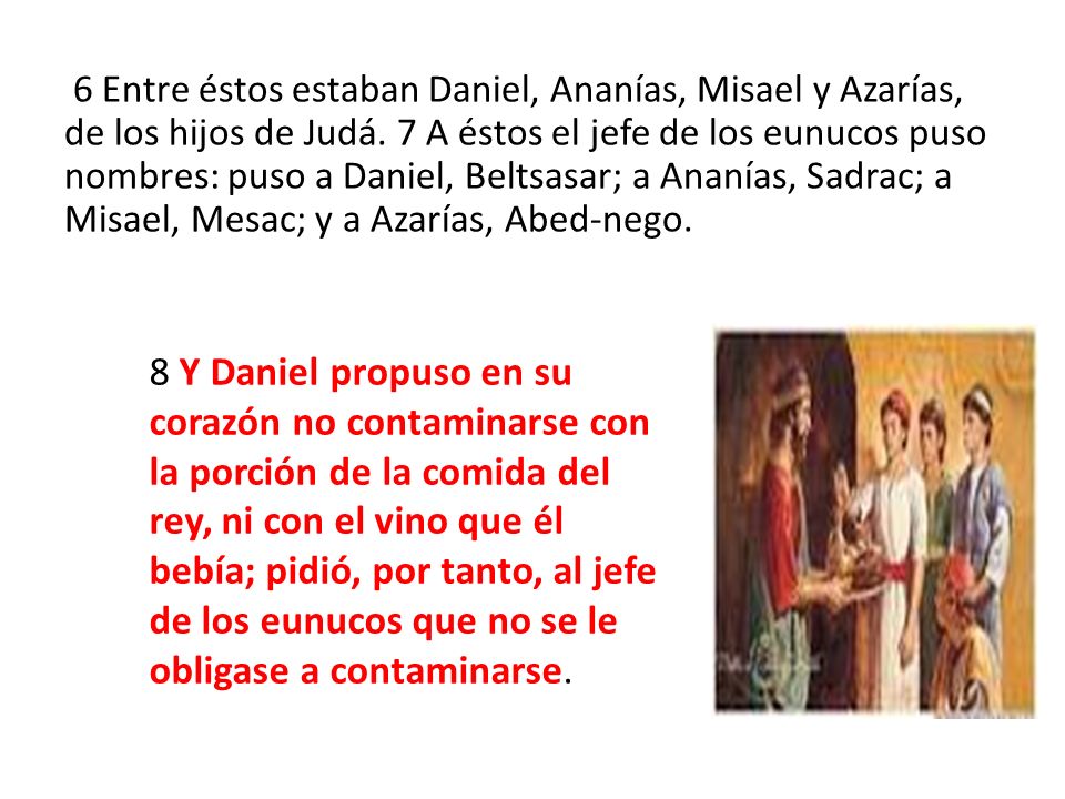 6 Entre éstos estaban Daniel, Ananías, Misael y Azarías, de los hijos de Judá. 7 A éstos el jefe de los eunucos puso nombres: puso a Daniel, Beltsasar; a Ananías, Sadrac; a Misael, Mesac; y a Azarías, Abed-nego.