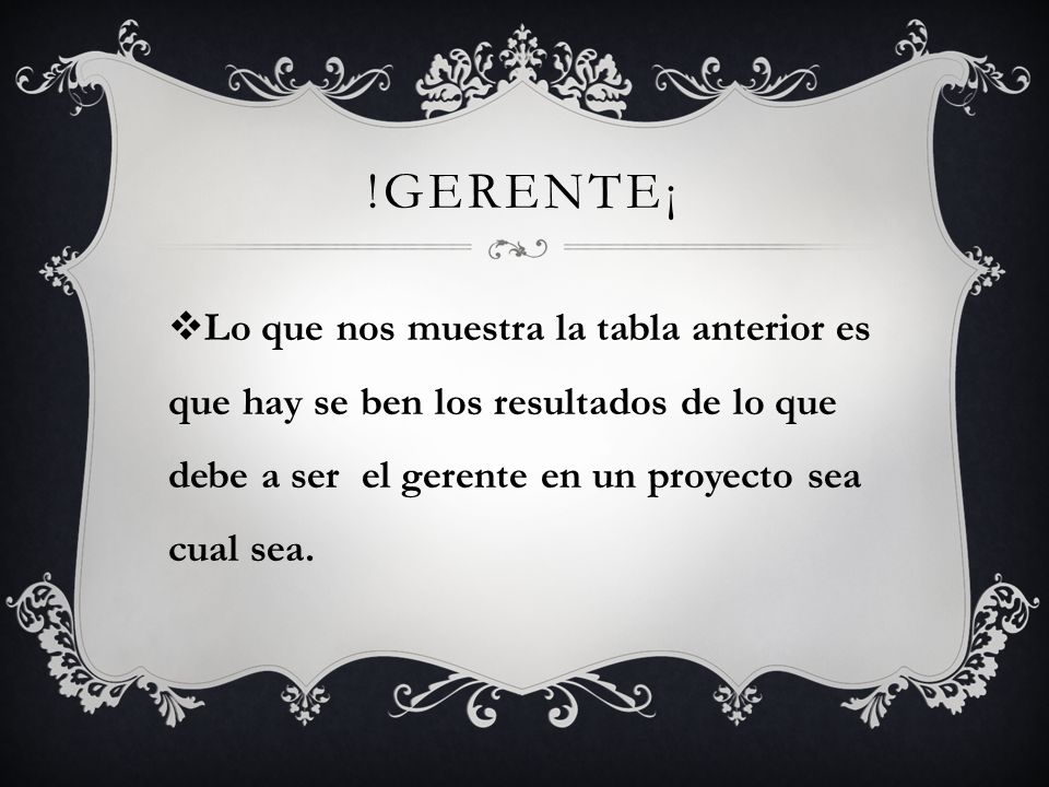 !gerente¡ Lo que nos muestra la tabla anterior es que hay se ben los resultados de lo que debe a ser el gerente en un proyecto sea cual sea.