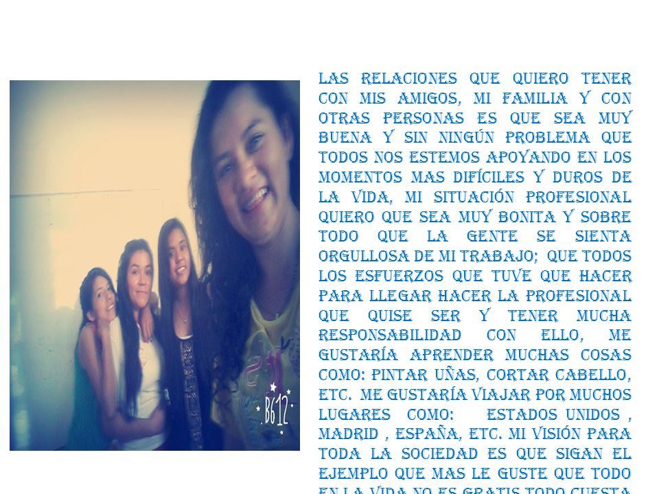 Las relaciones que quiero tener con mis amigos, mi familia y con otras personas es que sea muy buena y sin ningún problema que todos nos estemos apoyando en los momentos mas difíciles y duros de la vida, mi situación profesional quiero que sea muy bonita y sobre todo que la gente se sienta orgullosa de mi trabajo; que todos los esfuerzos que tuve que hacer para llegar hacer la profesional que quise ser y tener mucha responsabilidad con ello, me gustaría aprender muchas cosas como: pintar uñas, cortar cabello, etc.