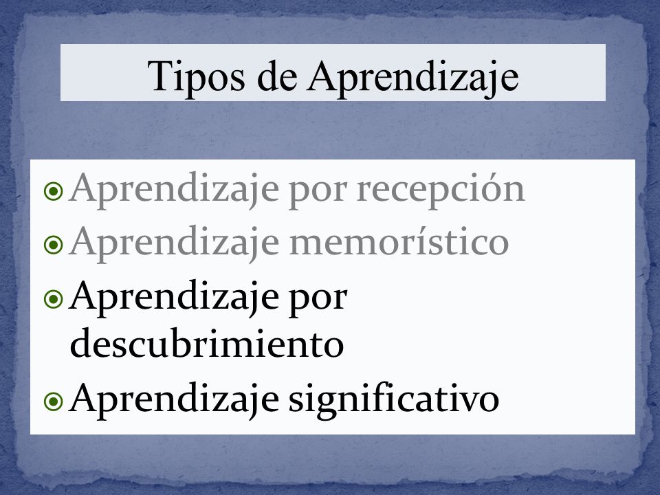 Tipos de Aprendizaje Aprendizaje por recepción Aprendizaje memorístico