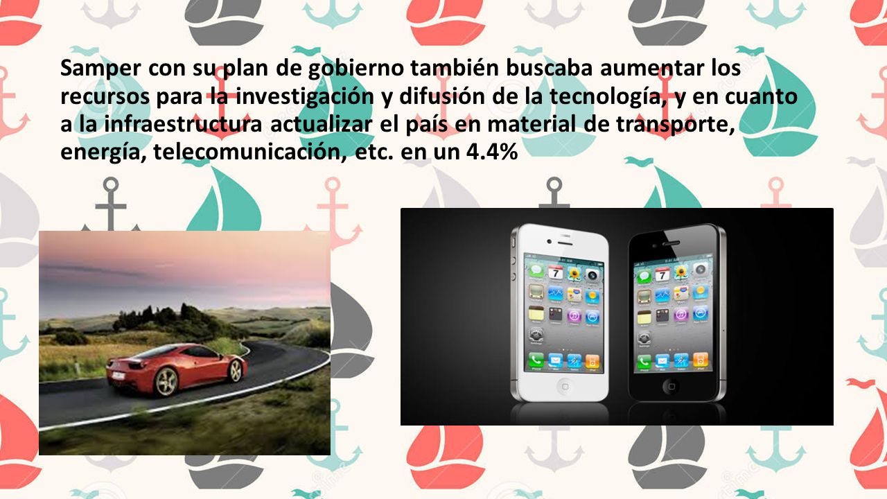 Samper con su plan de gobierno también buscaba aumentar los recursos para la investigación y difusión de la tecnología, y en cuanto a la infraestructura actualizar el país en material de transporte, energía, telecomunicación, etc.