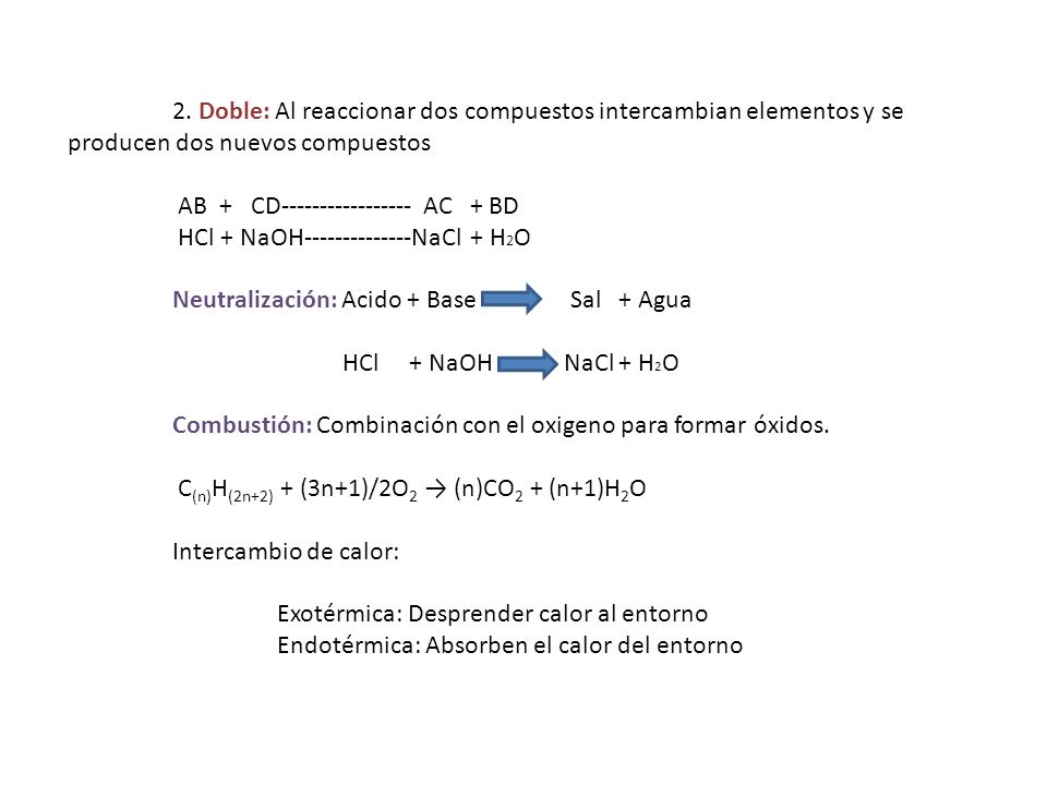 2. Doble: Al reaccionar dos compuestos intercambian elementos y se producen dos nuevos compuestos