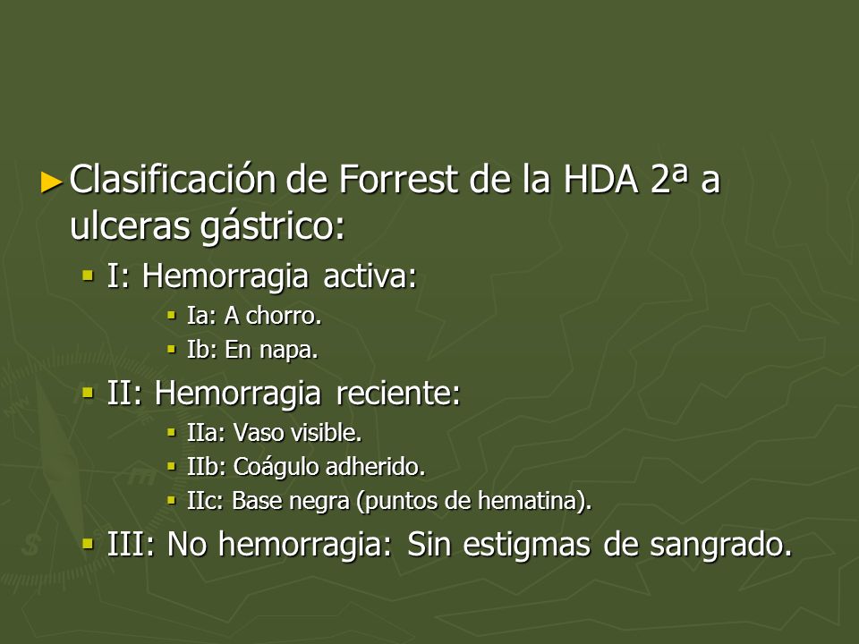 Clasificación de Forrest de la HDA 2ª a ulceras gástrico: