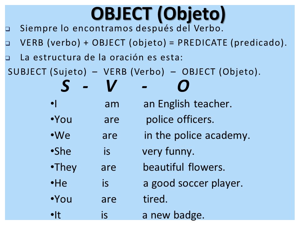 OBJECT (Objeto) S - V - O I am an English teacher.