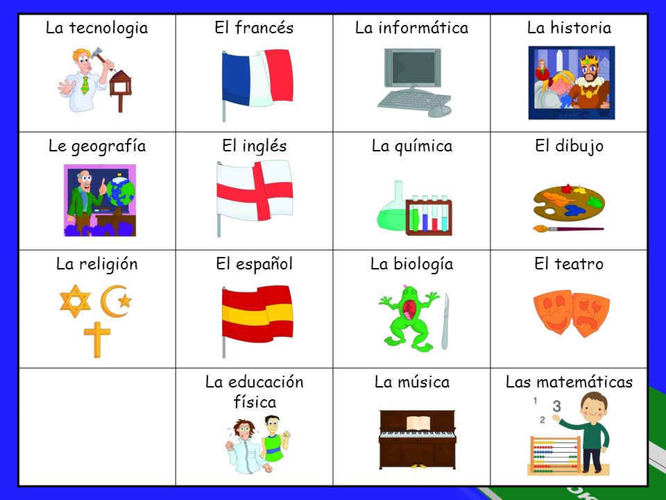 La tecnologia El francés. La informática. La historia. Le geografía. El inglés. La química. El dibujo.