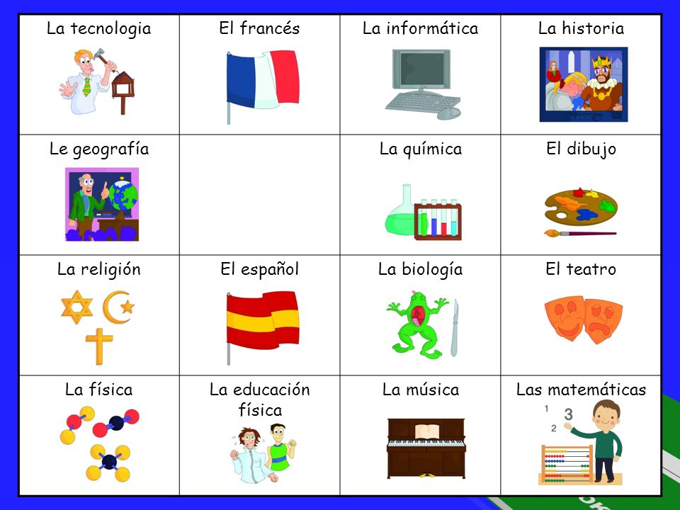 La tecnologia El francés. La informática. La historia. Le geografía. La química. El dibujo. La religión.