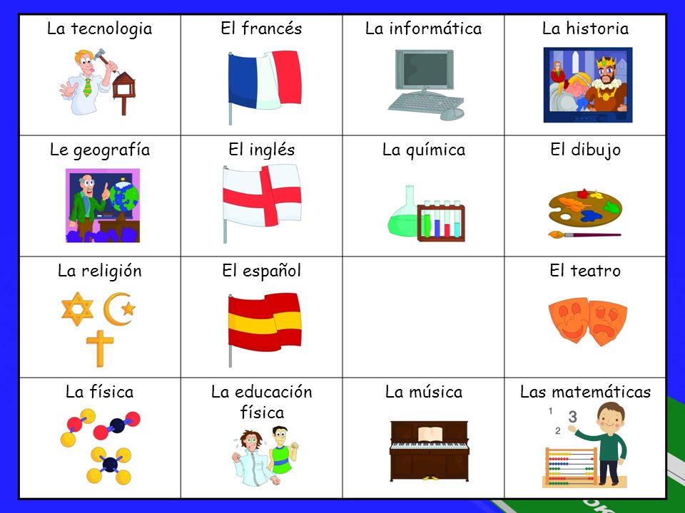 La tecnologia El francés. La informática. La historia. Le geografía. El inglés. La química. El dibujo.