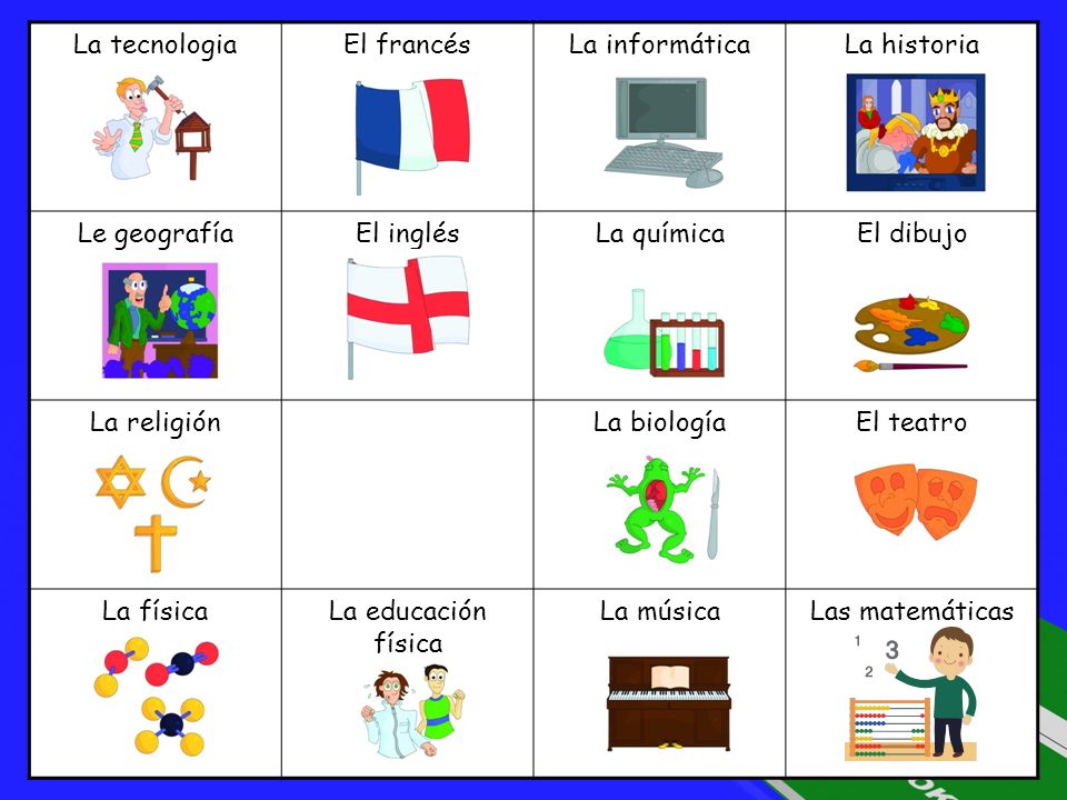 La tecnologia El francés. La informática. La historia. Le geografía. El inglés. La química. El dibujo.