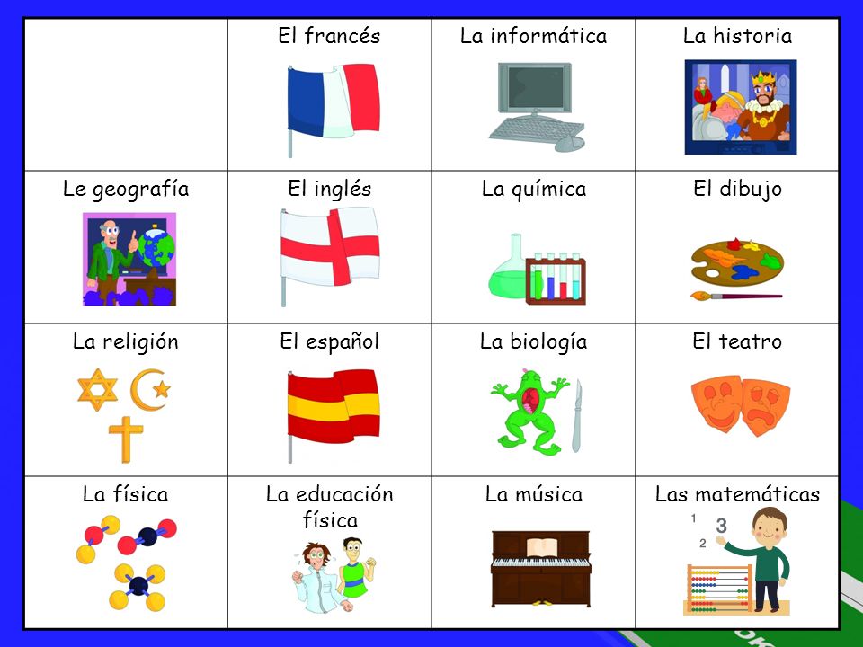 El francés La informática. La historia. Le geografía. El inglés. La química. El dibujo. La religión.