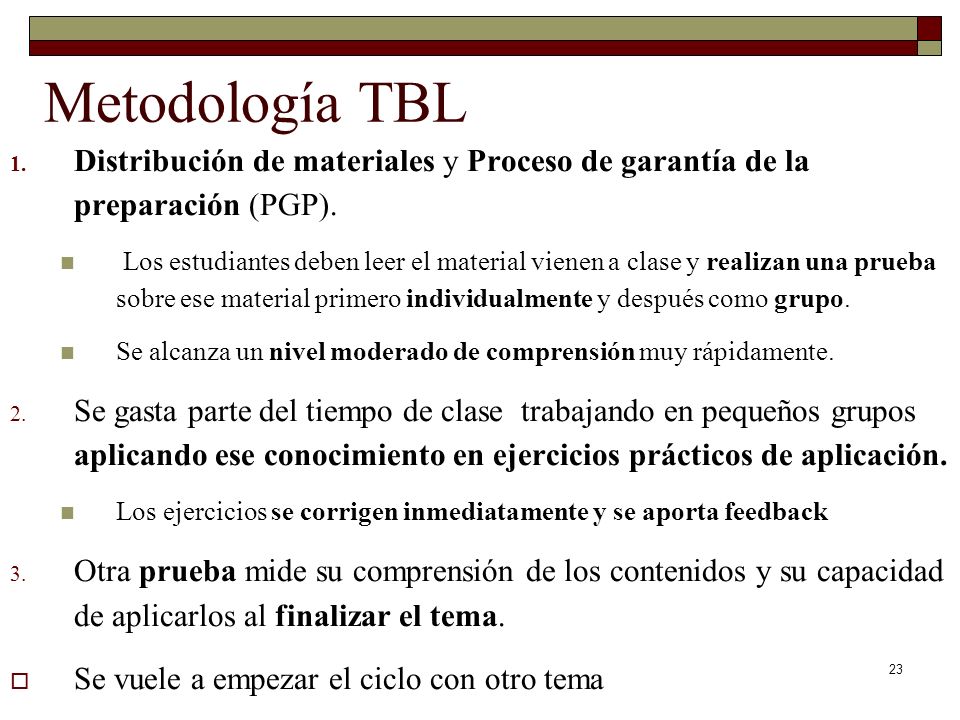 Metodología TBL Distribución de materiales y Proceso de garantía de la preparación (PGP).