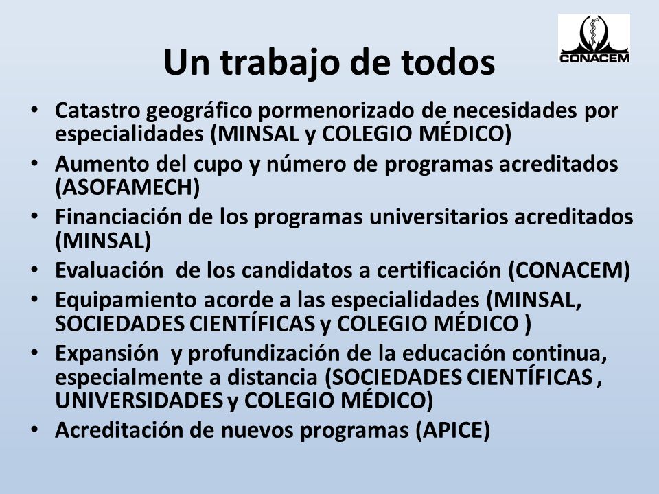 Un trabajo de todos Catastro geográfico pormenorizado de necesidades por especialidades (MINSAL y COLEGIO MÉDICO)