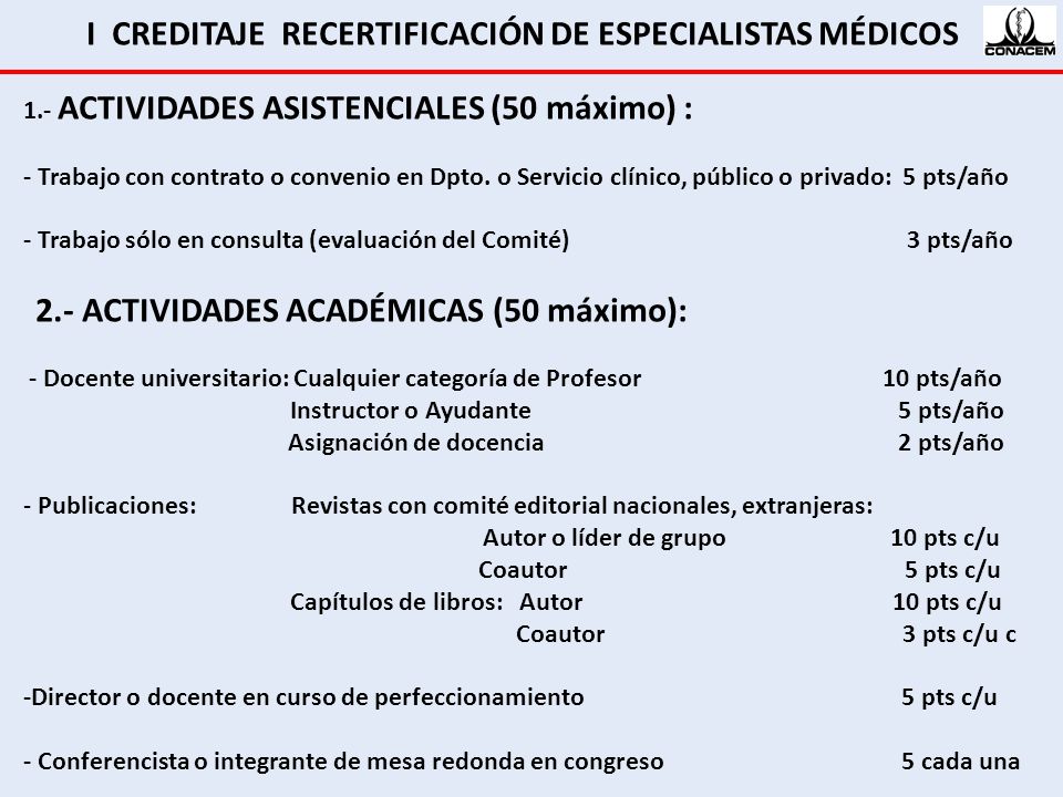 I CREDITAJE RECERTIFICACIÓN DE ESPECIALISTAS MÉDICOS