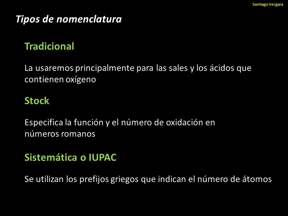 Tipos de nomenclatura Tradicional Stock Sistemática o IUPAC