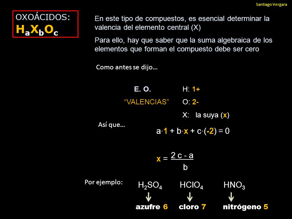 OXOÁCIDOS: HaXbOc a·1 + b·x + c·(-2) = 0 x = 2 c - a b