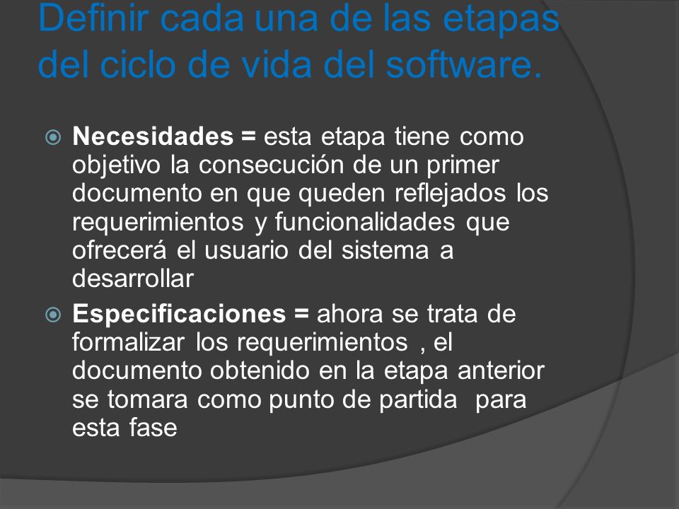 Definir cada una de las etapas del ciclo de vida del software.