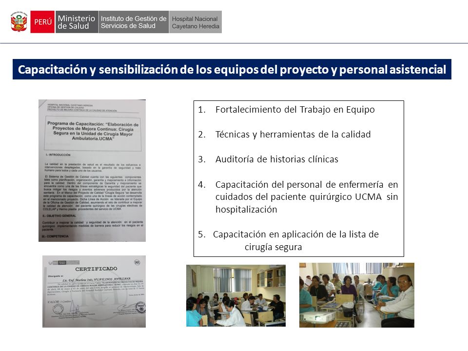 Capacitación y sensibilización de los equipos del proyecto y personal asistencial
