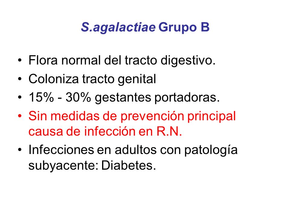 S.agalactiae Grupo B Flora normal del tracto digestivo. Coloniza tracto genital. 15% - 30% gestantes portadoras.