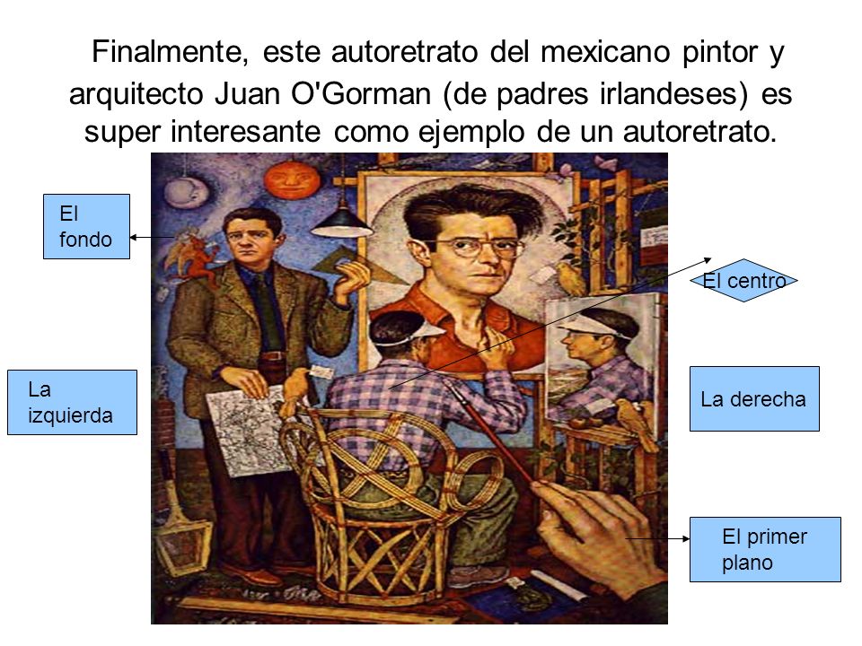 Finalmente, este autoretrato del mexicano pintor y arquitecto Juan O Gorman (de padres irlandeses) es super interesante como ejemplo de un autoretrato.