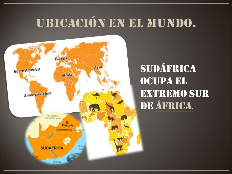 Ubicación en el mundo. Sudáfrica ocupa el extremo sur de África.