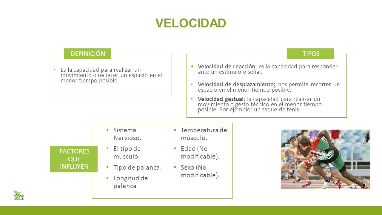 velocidad DEFINICIÓN TIPOS Sistema Nervioso. Temperatura del músculo.