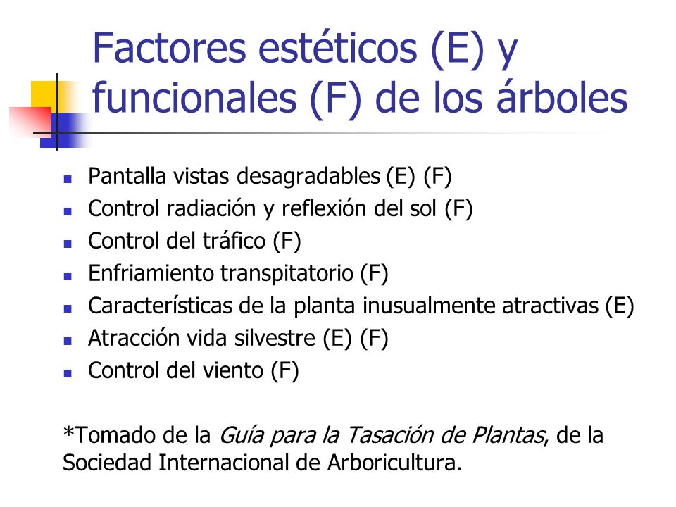 Factores estéticos (E) y funcionales (F) de los árboles