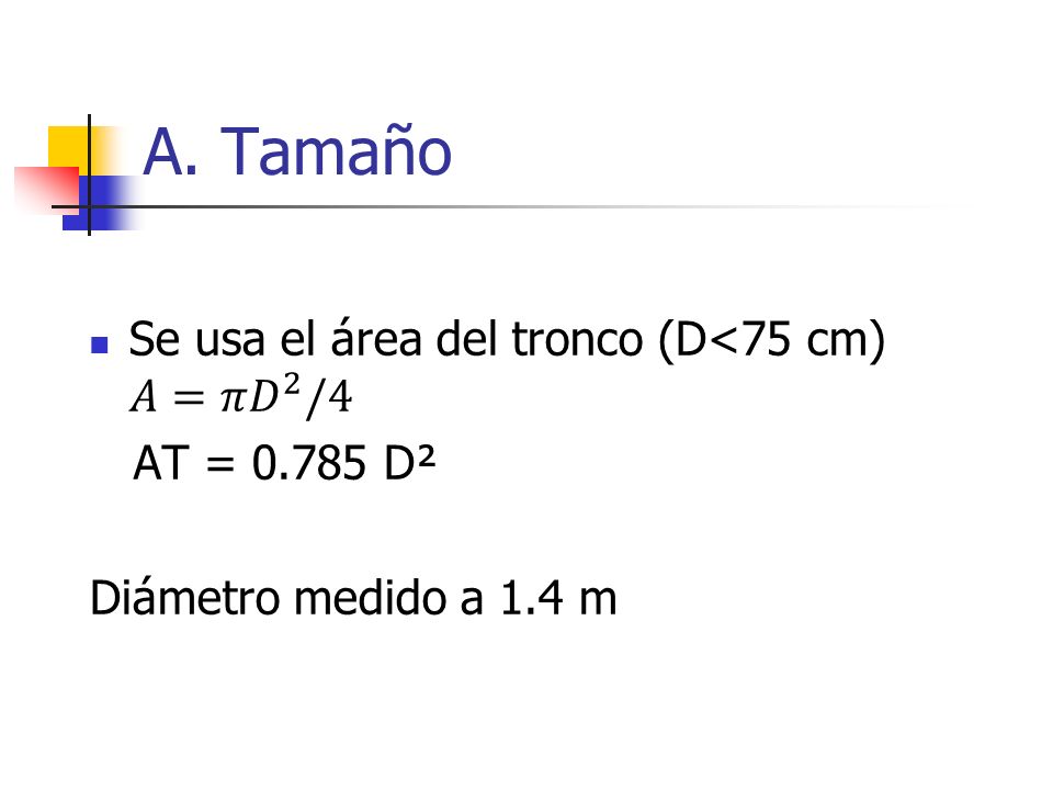 A. Tamaño Se usa el área del tronco (D<75 cm) 𝐴=𝜋 𝐷 2 /4
