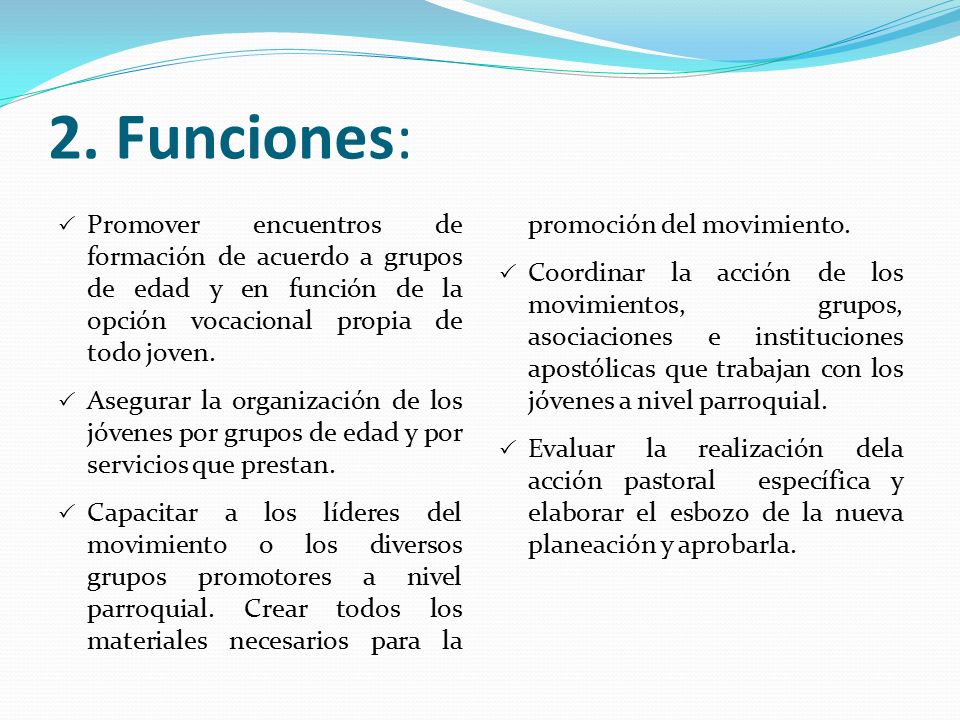 2. Funciones: Promover encuentros de formación de acuerdo a grupos de edad y en función de la opción vocacional propia de todo joven.