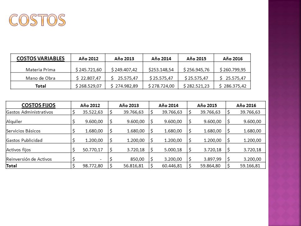costos COSTOS VARIABLES COSTOS FIJOS Año 2012 Año 2013 Año 2014