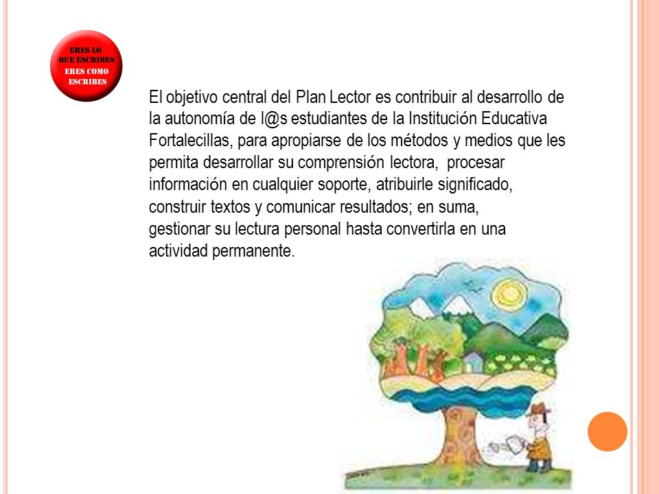 El objetivo central del Plan Lector es contribuir al desarrollo de la autonomía de estudiantes de la Institución Educativa Fortalecillas, para apropiarse de los métodos y medios que les permita desarrollar su comprensión lectora, procesar información en cualquier soporte, atribuirle significado, construir textos y comunicar resultados; en suma,