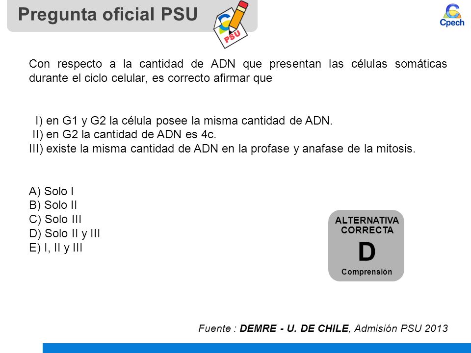 Pregunta oficial PSU Con respecto a la cantidad de ADN que presentan las células somáticas durante el ciclo celular, es correcto afirmar que.