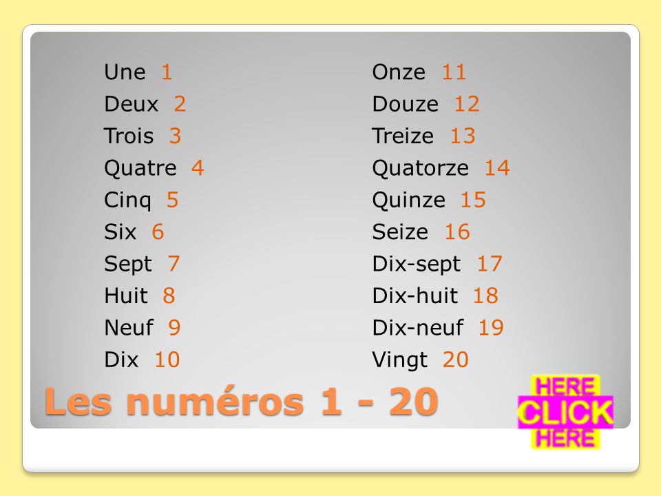 Les numéros Une 1 Onze 11 Deux 2 Douze 12 Trois 3 Treize 13