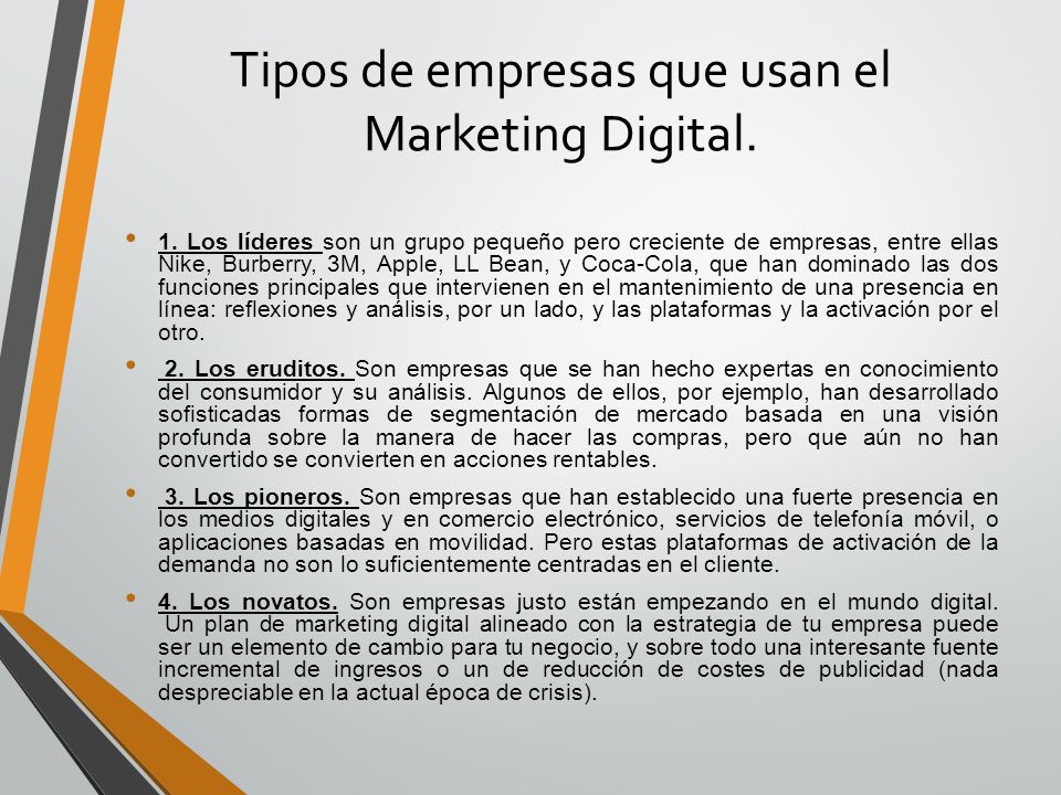 Tipos de empresas que usan el Marketing Digital.