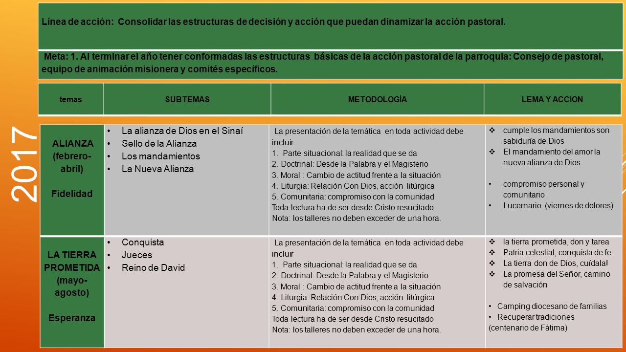 Línea de acción: Consolidar las estructuras de decisión y acción que puedan dinamizar la acción pastoral.