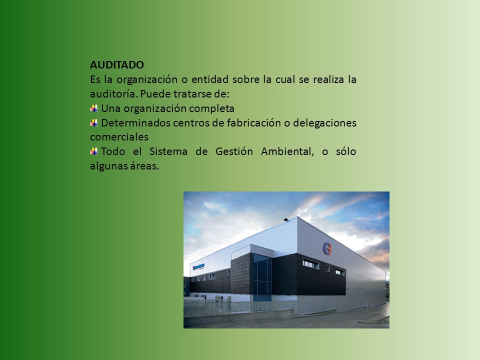 AUDITADO Es la organización o entidad sobre la cual se realiza la auditoría. Puede tratarse de: Una organización completa.