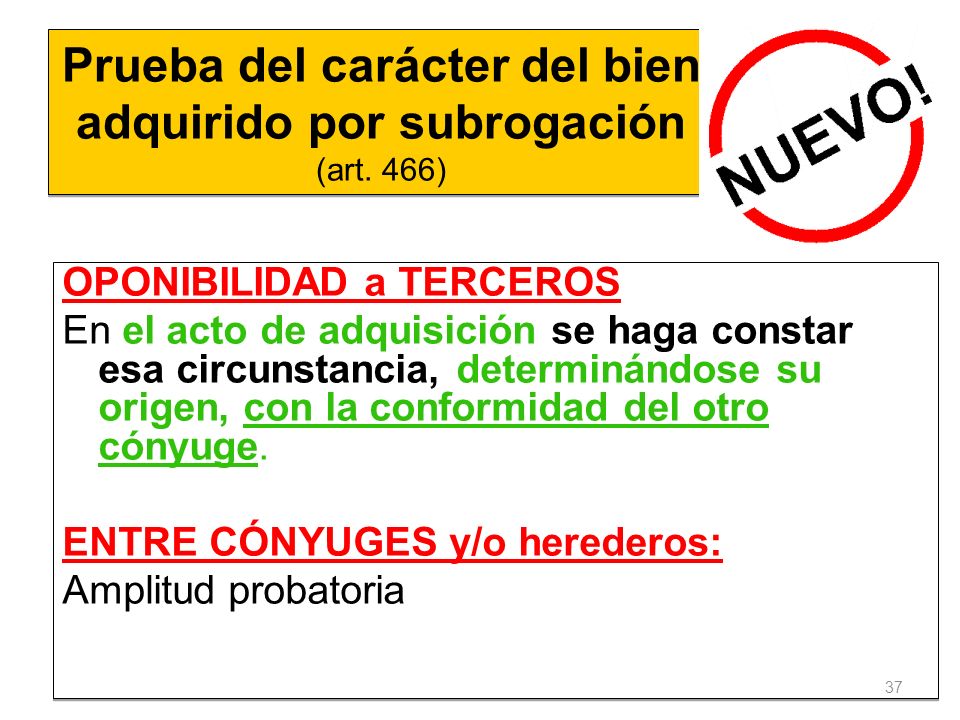 Prueba del carácter del bien adquirido por subrogación (art. 466)