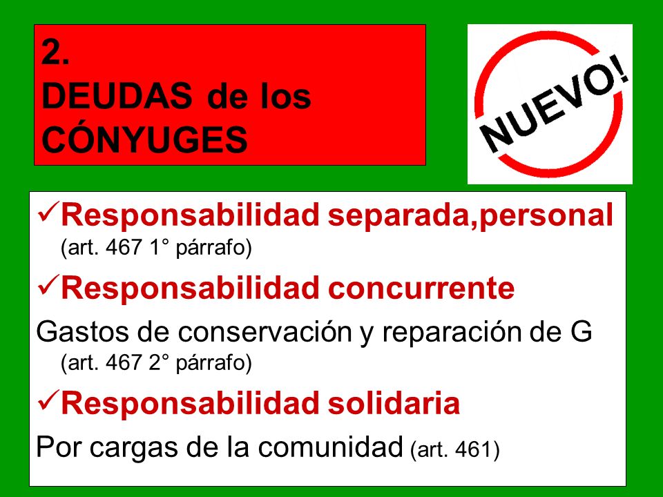 2. DEUDAS de los CÓNYUGES Responsabilidad separada,personal (art ° párrafo) Responsabilidad concurrente.