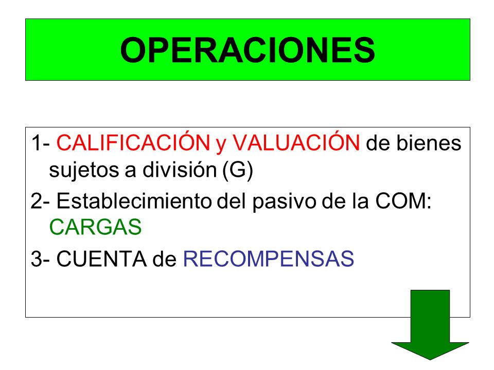 OPERACIONES 1- CALIFICACIÓN y VALUACIÓN de bienes sujetos a división (G) 2- Establecimiento del pasivo de la COM: CARGAS.