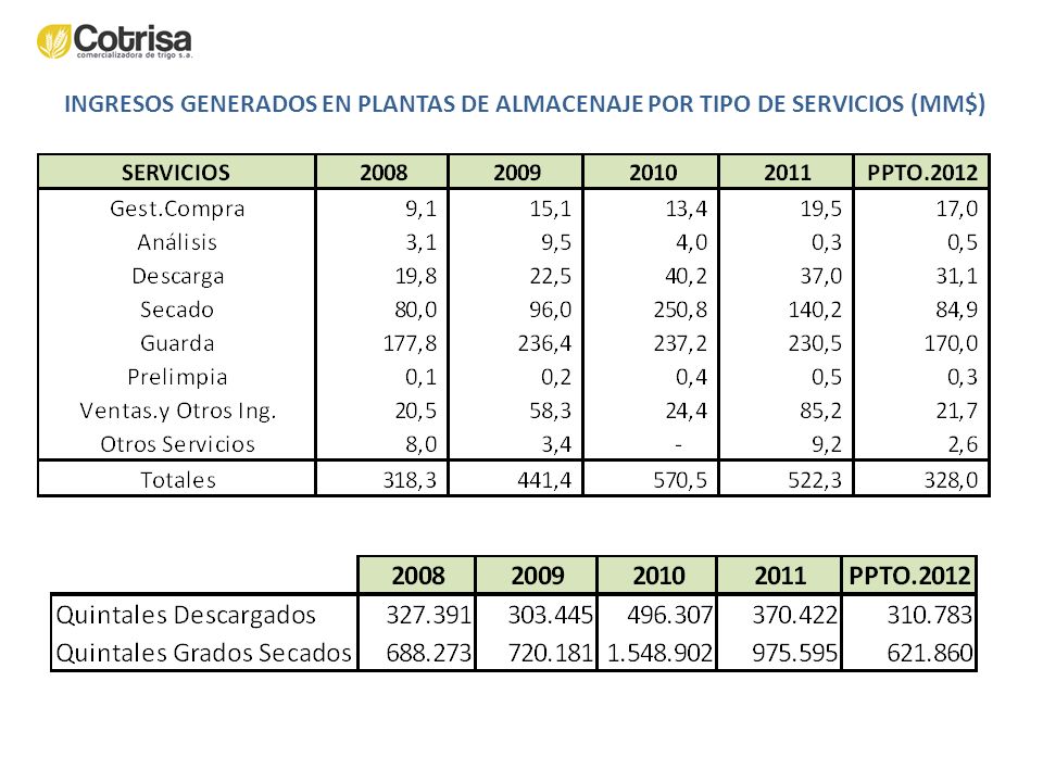 INGRESOS GENERADOS EN PLANTAS DE ALMACENAJE POR TIPO DE SERVICIOS (MM$)