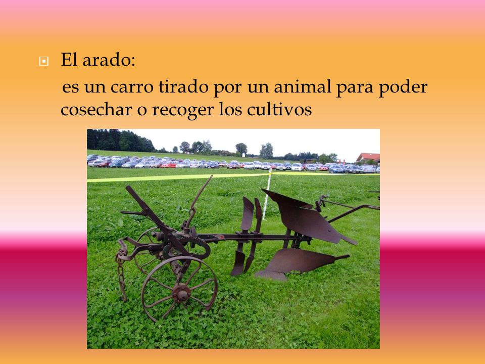 El arado: es un carro tirado por un animal para poder cosechar o recoger los cultivos