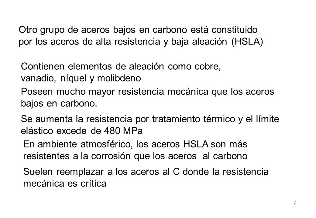 Otro grupo de aceros bajos en carbono está constituido por los aceros de alta resistencia y baja aleación (HSLA)