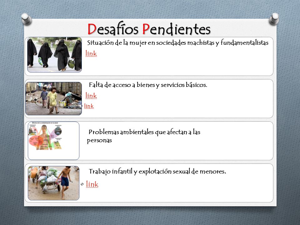 Desafíos Pendientes Situación de la mujer en sociedades machistas y fundamentalistas link. Falta de acceso a bienes y servicios básicos. link.