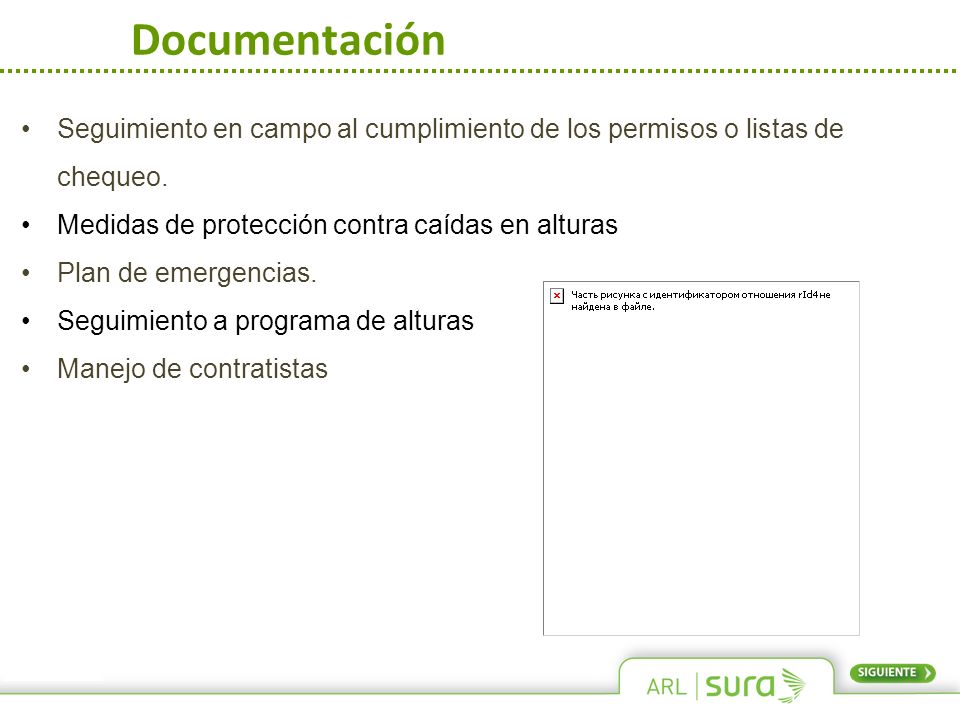 Documentación Seguimiento en campo al cumplimiento de los permisos o listas de chequeo. Medidas de protección contra caídas en alturas.