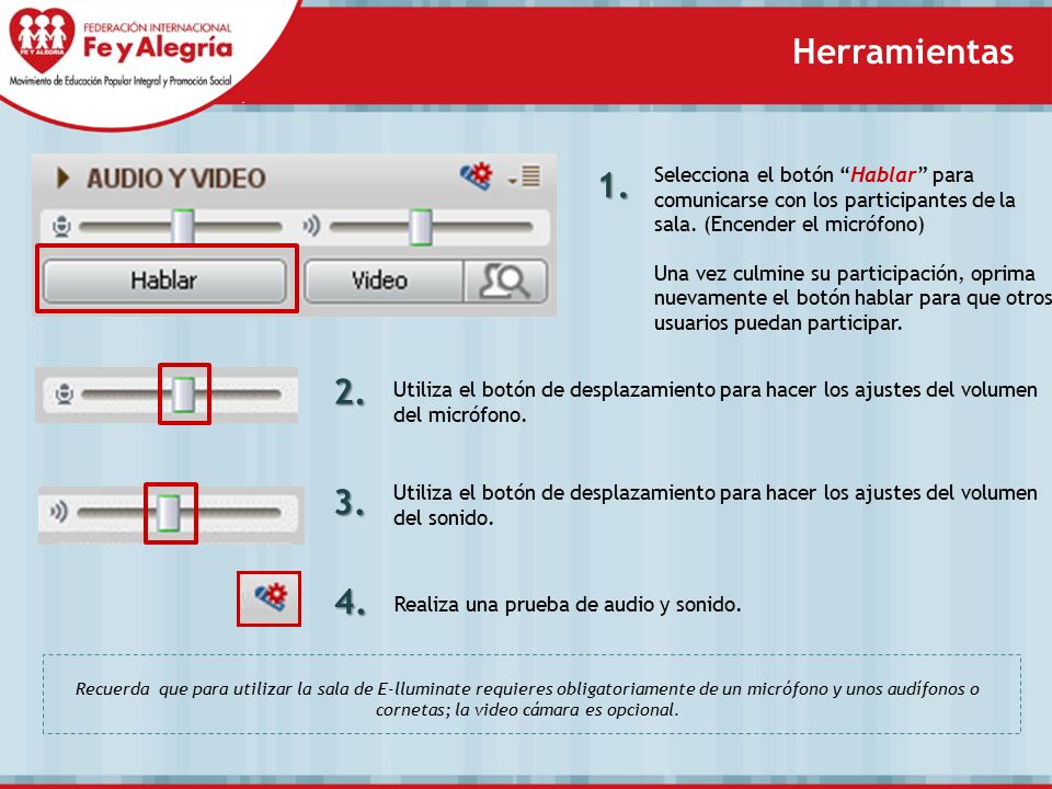 Herramientas Selecciona el botón Hablar para comunicarse con los participantes de la sala. (Encender el micrófono)