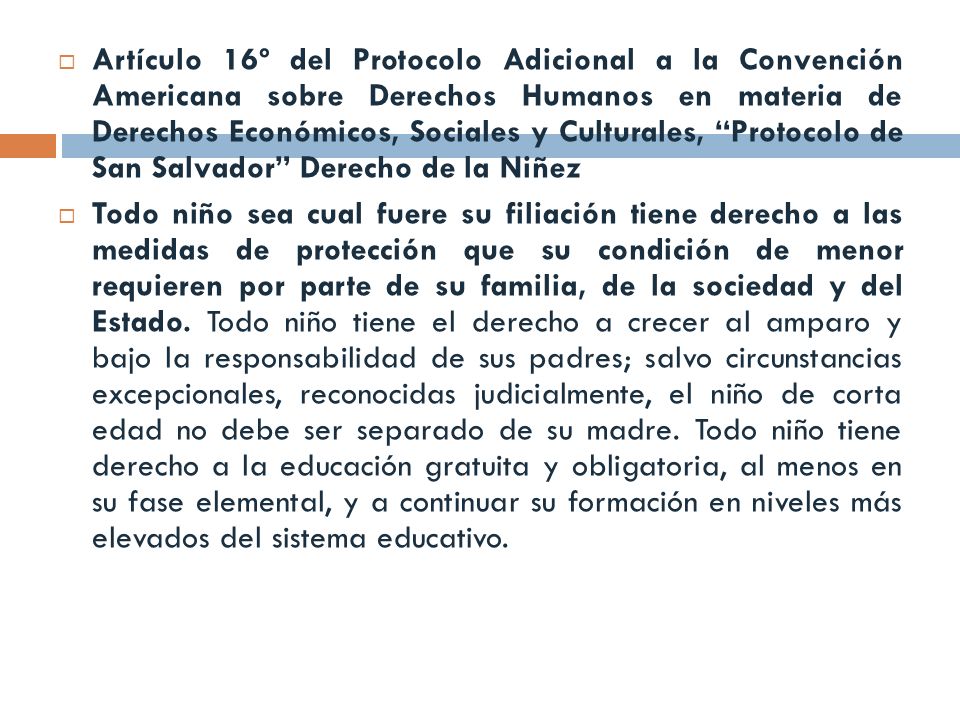 Artículo 16º del Protocolo Adicional a la Convención Americana sobre Derechos Humanos en materia de Derechos Económicos, Sociales y Culturales, Protocolo de San Salvador Derecho de la Niñez