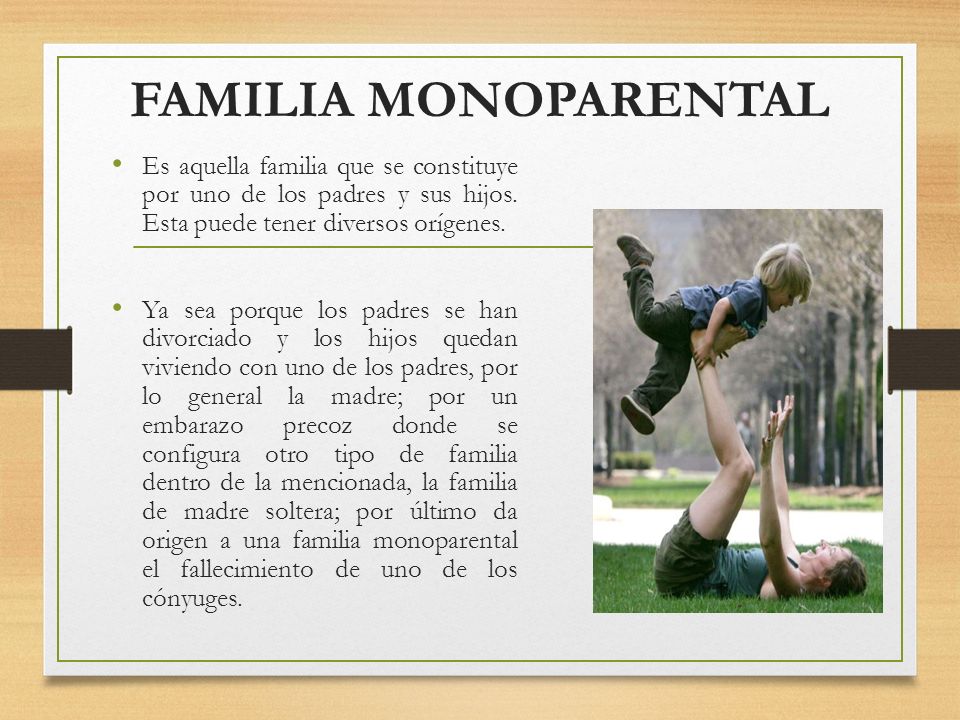 FAMILIA MONOPARENTAL Es aquella familia que se constituye por uno de los padres y sus hijos. Esta puede tener diversos orígenes.
