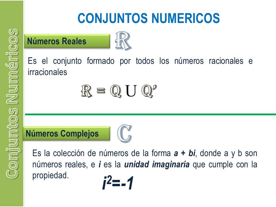 R c i2=-1 Conjuntos Numéricos R = Q U Q’ CONJUNTOS NUMERICOS
