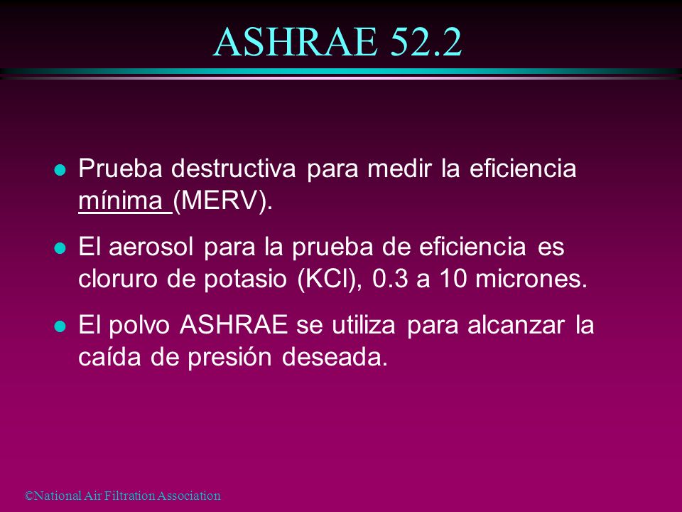 ASHRAE 52.2 Prueba destructiva para medir la eficiencia mínima (MERV).