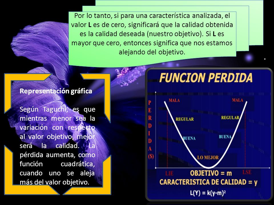 Por lo tanto, si para una característica analizada, el valor L es de cero, significará que la calidad obtenida es la calidad deseada (nuestro objetivo). Si L es mayor que cero, entonces significa que nos estamos alejando del objetivo.