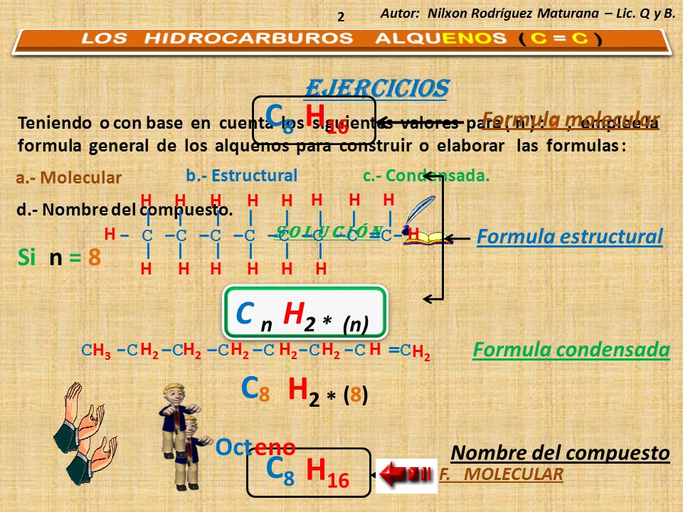 C8 H16 C n H2 * (n) C 8 (8) H2 * C8 H16 Ejercicios Si n = 8 Oct eno