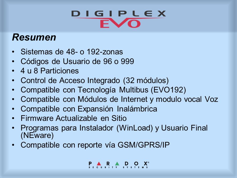 Resumen Sistemas de 48- o 192-zonas Códigos de Usuario de 96 o 999